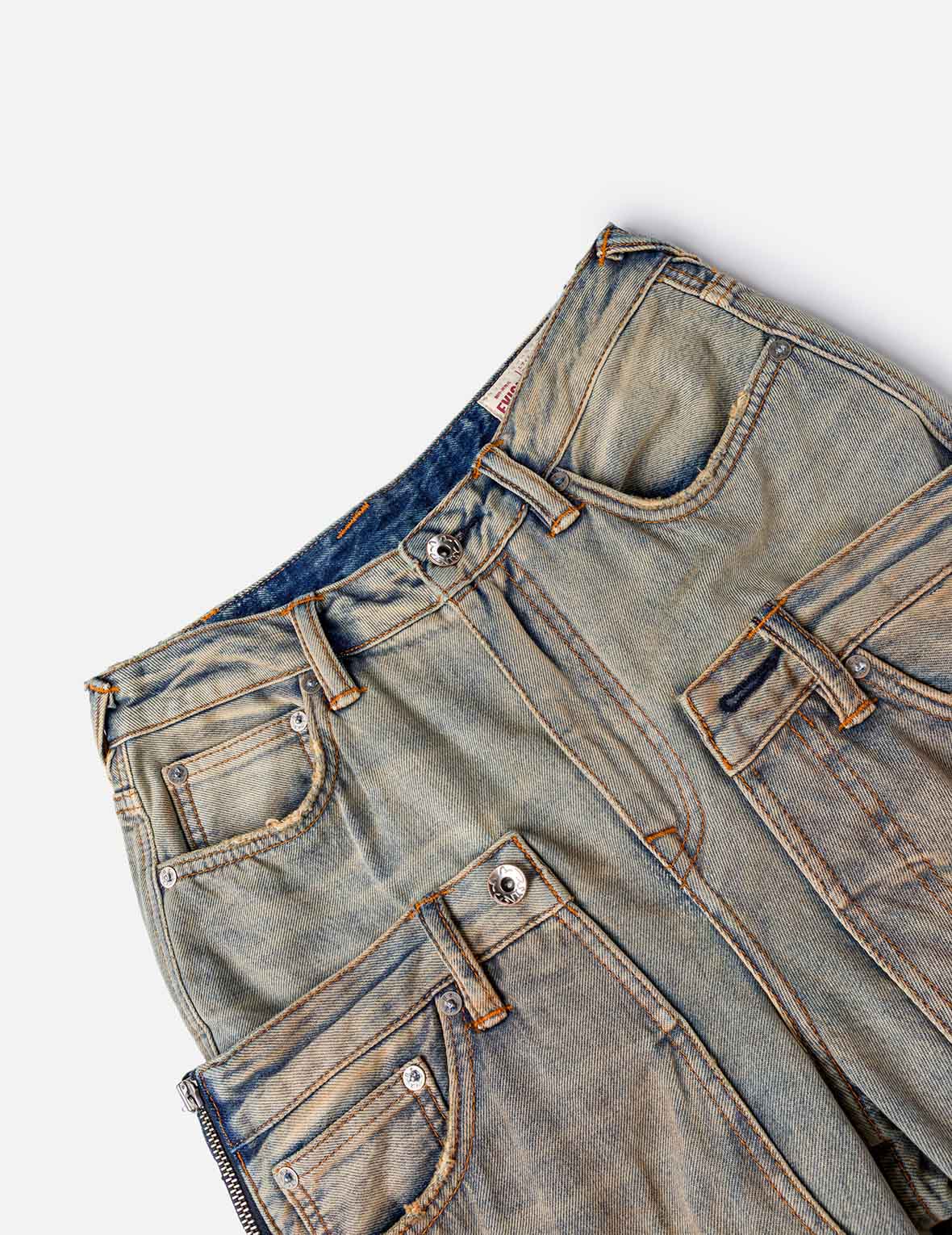 雙層腰頭做舊牛仔褲