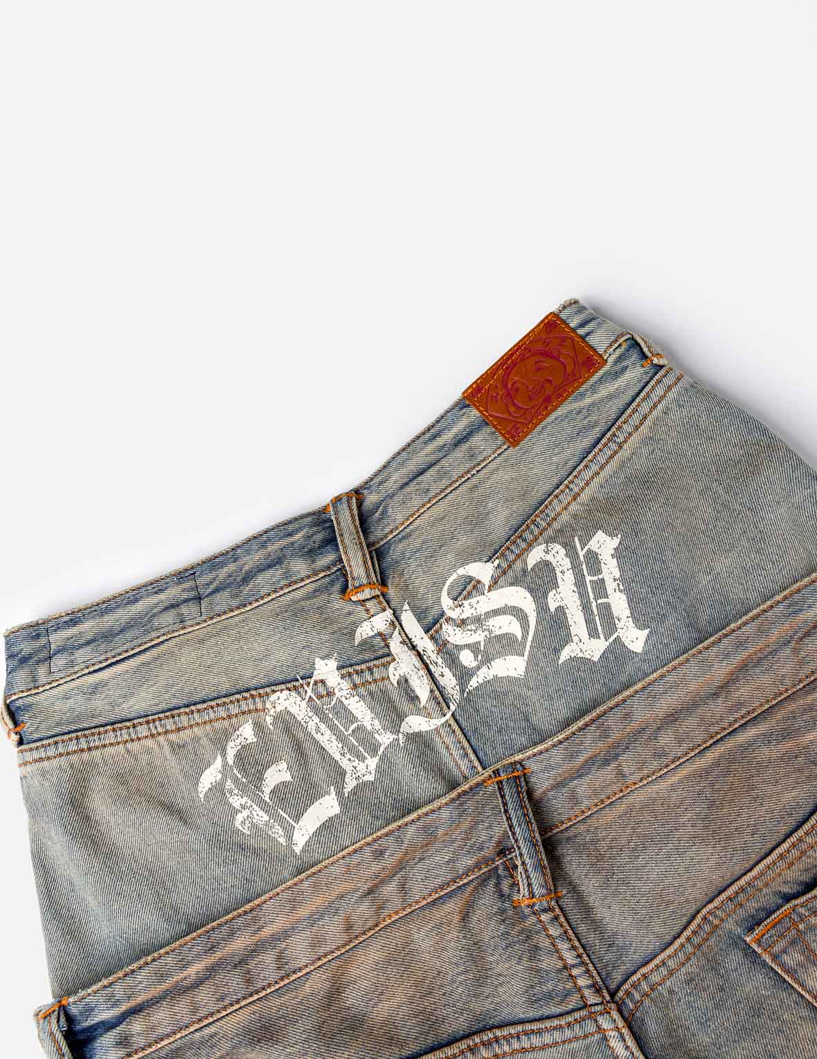 雙層腰頭做舊牛仔褲