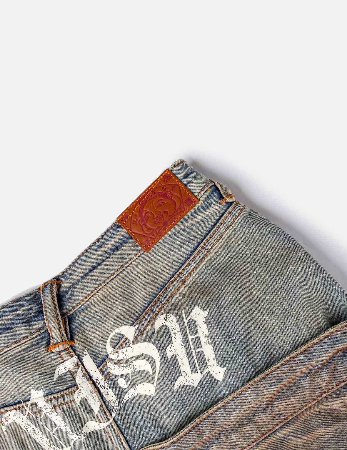 雙層腰頭做舊牛仔褲