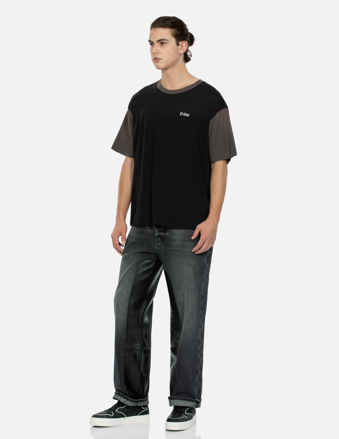 皮革鑲嵌和海鷗口袋鬆身闊腿牛仔褲