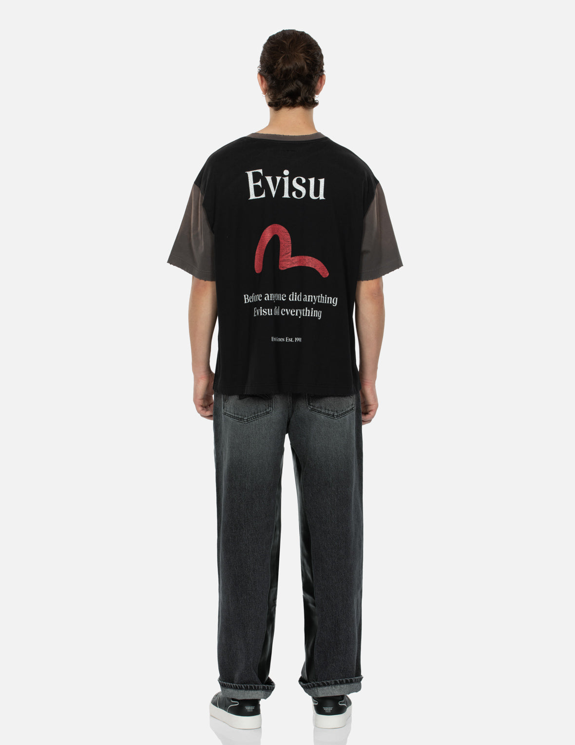 皮革鑲嵌和海鷗口袋鬆身闊腿牛仔褲