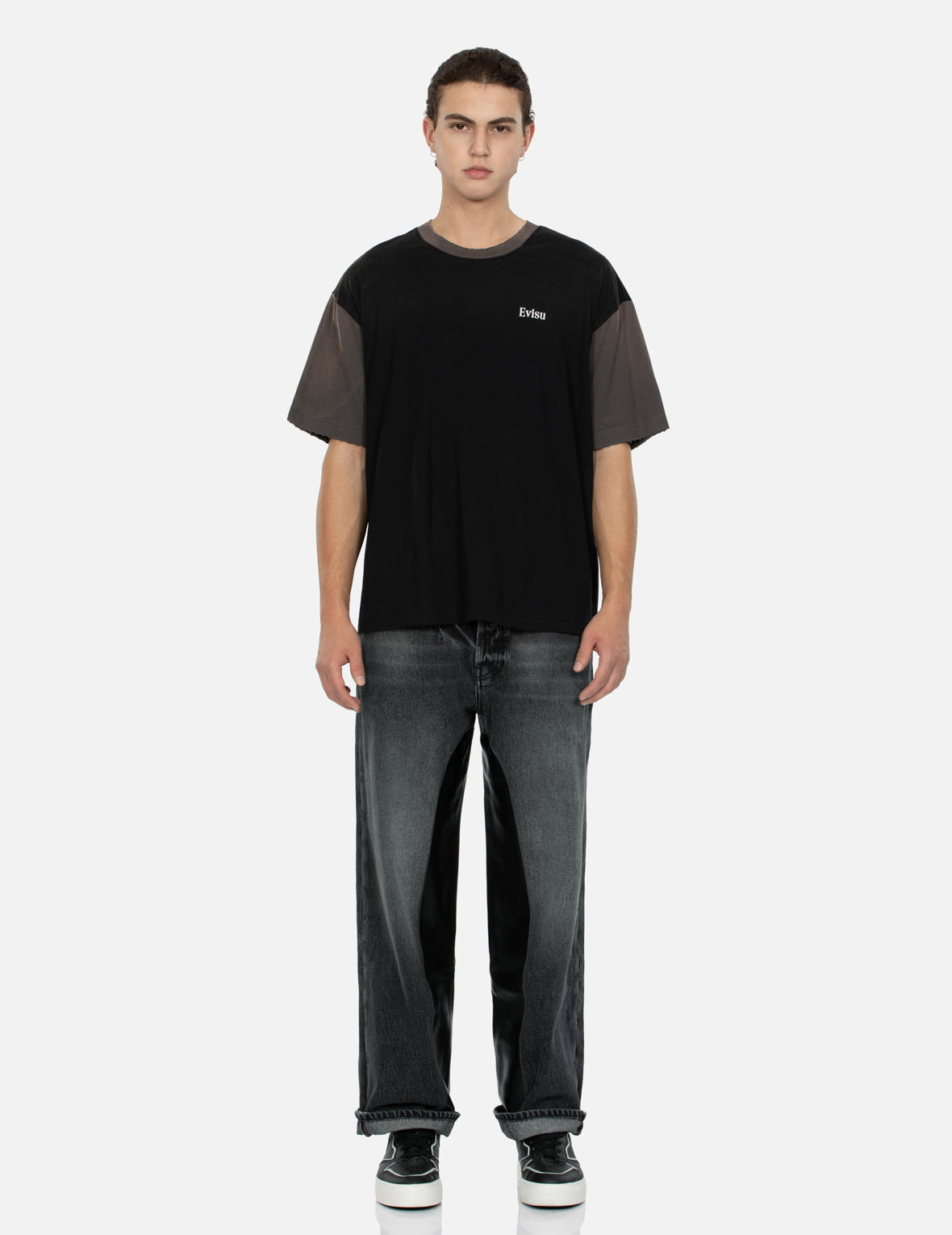 皮革鑲嵌和海鷗口袋鬆身闊腿牛仔褲