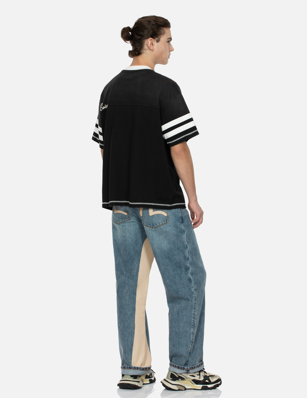 皮革鑲嵌和海鷗口袋鬆身闊腿牛仔褲