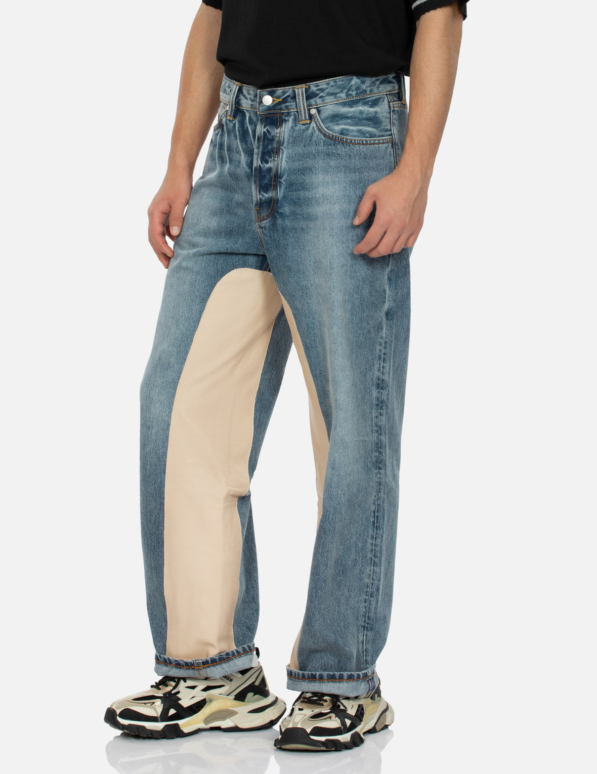 皮革鑲嵌和海鷗口袋鬆身闊腿牛仔褲